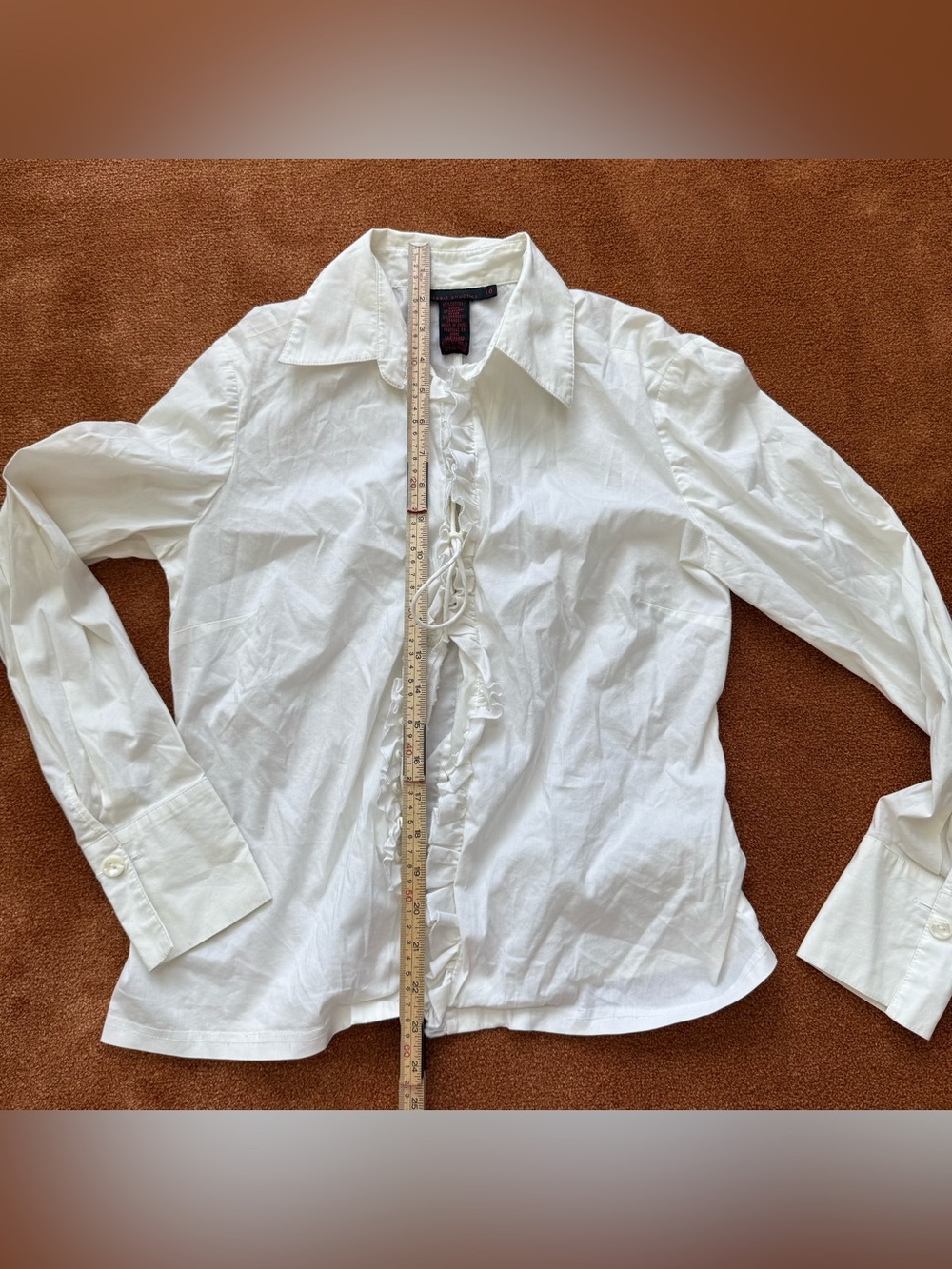 Women's White Ruffle-Front Button Blouse drawstring - Picture 3 of 8